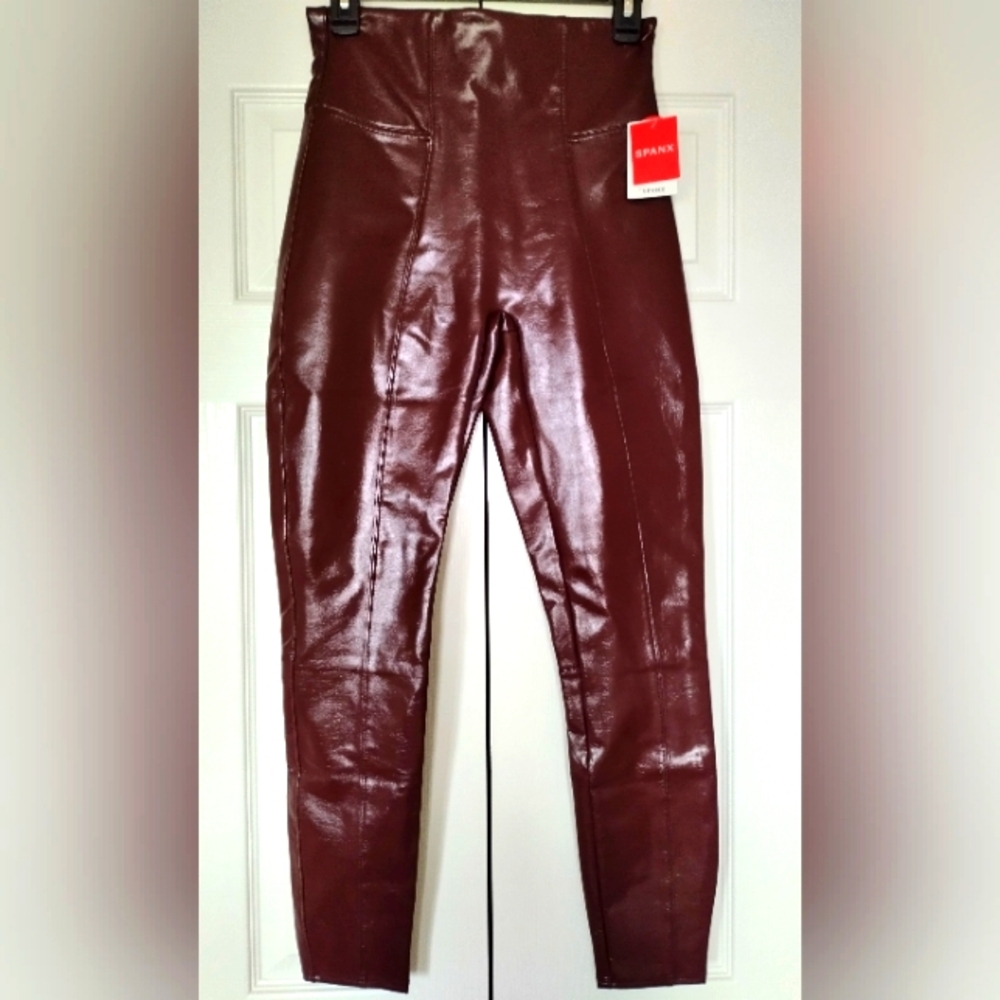 Spanx Faux Patent Leather Shiny Leggings Ruby Burgundy Size Medium NWT - Picture 8 of 8